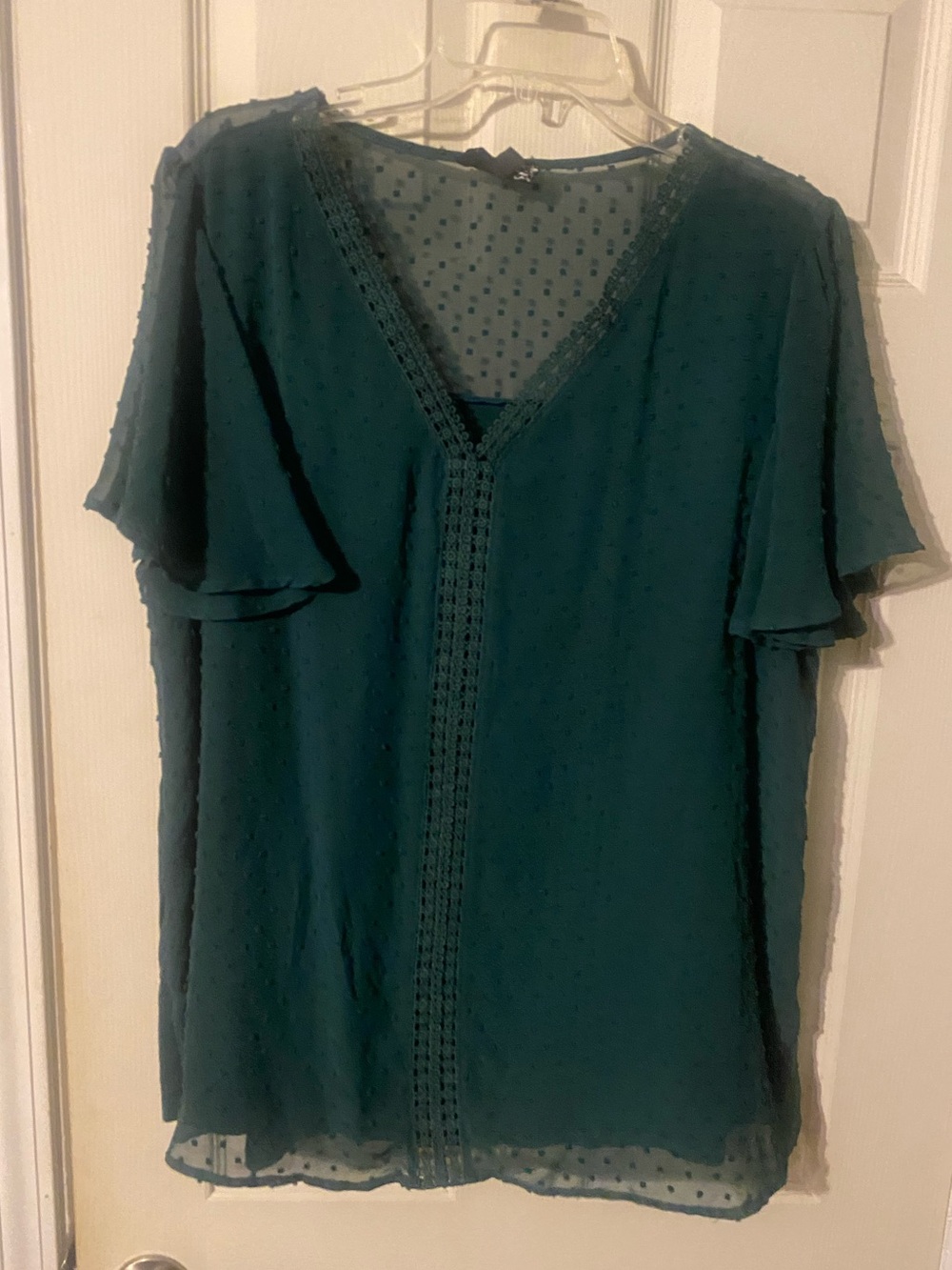 NAIF green V-Neck Swiss Dot Blouse with Crochet Panel knit back size 2X